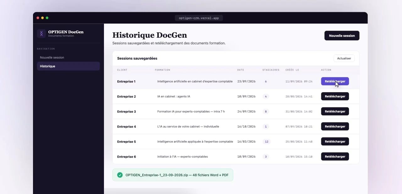 Historique des sessions dans le générateur de documents, avec retéléchargement